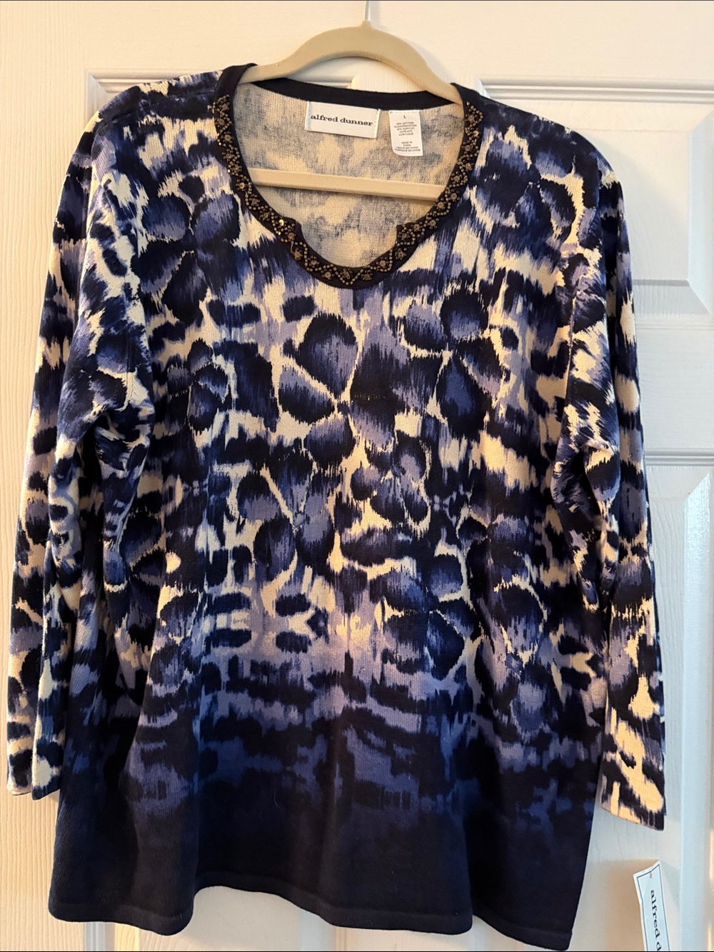 NWT Alfred Dunner Navy and Cream Animal-Print Long Sleeve Top, Beaded neckline